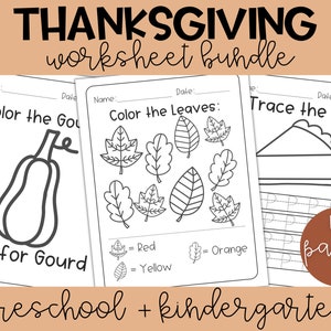 Thanksgiving Worksheet Bundle Preschool and Kindergarten | Homeschool Worksheets, Thanksgiving Bundle, Printable Worksheets, Fall Worksheets