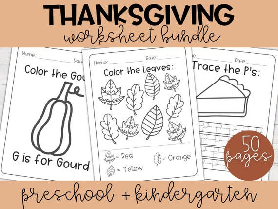 Thanksgiving Worksheet Bundle Preschool and Kindergarten | Homeschool Worksheets, Thanksgiving Bundle, Printable Worksheets, Fall Worksheets