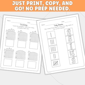 May include: Two black and white educational worksheets featuring pumpkin-themed math exercises. The left sheet focuses on counting pumpkins on fences, while the right sheet involves matching tally marks to numbers. Text includes "Counting" and "Tally Marks."