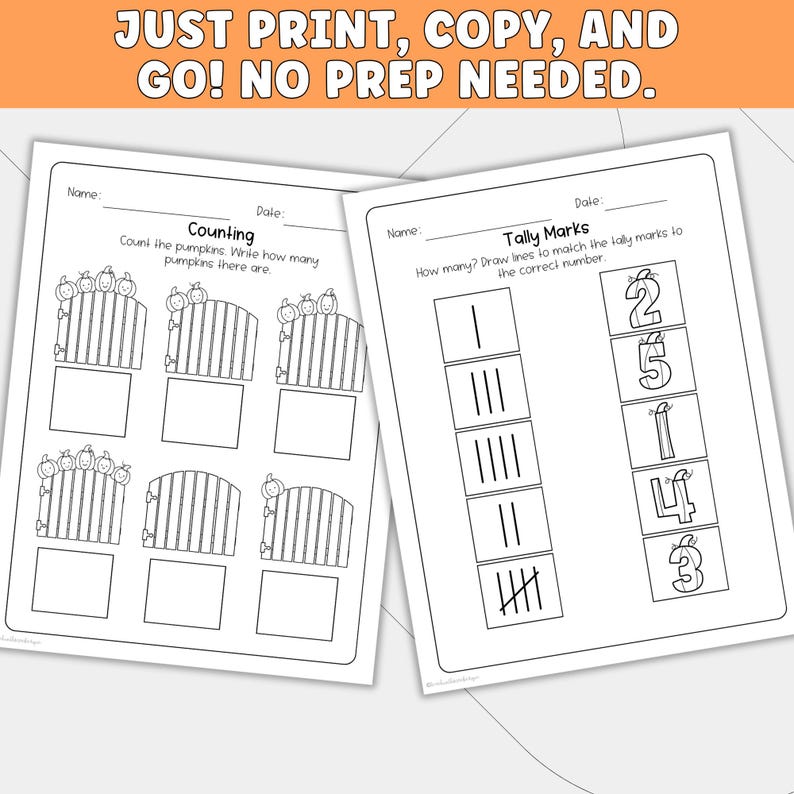 May include: Two black and white educational worksheets featuring pumpkin-themed math exercises. The left sheet focuses on counting pumpkins on fences, while the right sheet involves matching tally marks to numbers. Text includes "Counting" and "Tally Marks."