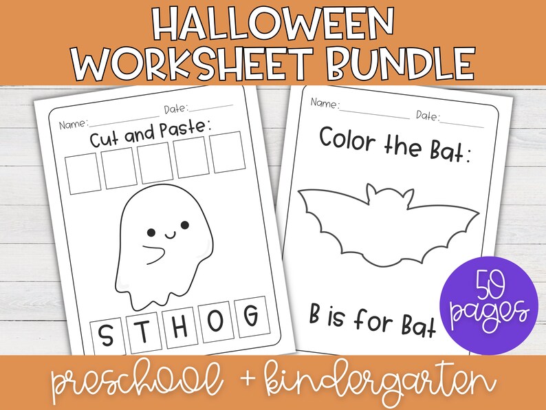 May include: Two black and white printable Halloween worksheets for preschool and kindergarten. The first worksheet features a ghost and the letters S, T, H, O, and G. The second worksheet features a bat and the text "Colour the Bat: B is for Bat".