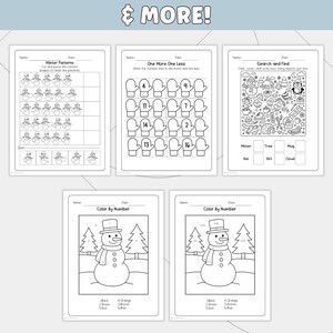 Puede incluir: Una colecci&oacute;n de hojas de actividades con tem&aacute;tica invernal para ni&ntilde;os. Las hojas incluyen p&aacute;ginas para colorear, ejercicios de conteo y actividades de reconocimiento de patrones. El texto "& MORE!" est&aacute; en la parte superior de la imagen.