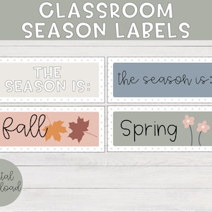 Étiquettes Boho Rainbow Seasons | Étiquettes de saisons de classe, décor de salle de classe Boho, salle de classe Boho, réunion du matin, tableau de poche, cartes de saisons