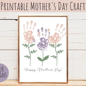 Artesanía imprimible del Día de la Madre / Artesanía de impresión a mano, Arte de huellas de manos, Artesanía de flores del Día de la Madre, Tarjeta del Día de la Madre, Regalo para mamá, Día de la Madre