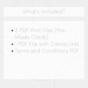 May include: A light gray graphic with the text "What's Included?" and bullet points listing digital files. The list includes 3 PDF print files for pre-made cards, 1 PDF file with Canva links, and a Terms and Conditions PDF.