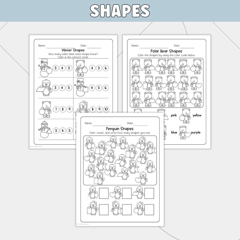 Puede incluir: Tres hojas de trabajo en blanco y negro para ni&ntilde;os con la palabra "SHAPES" en la parte superior. Las hojas de trabajo presentan im&aacute;genes con temas de invierno, osos polares y ping&uuml;inos. Las hojas de trabajo incluyen instrucciones para colorear formas y contar lados.