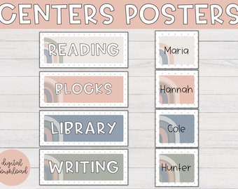 Center Signs | Boho Rainbow Center Signs, Printable Center Posters, Preschool Centers, Kindergarten Centers, Child Care Centers, Classroom