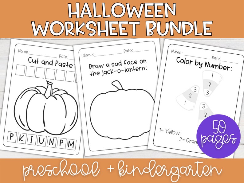 May include: A set of 50 printable Halloween worksheets for preschool and kindergarten. The worksheets include activities such as cut and paste, colour by number, and drawing a sad face on a jack-o-lantern.