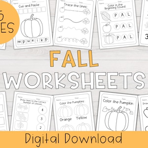 Fall Worksheet Bundle Preschool and Kindergarten | Homeschool Worksheets, Fall Worksheet Bundle, Kindergarten Worksheets, Preschool, Pumpkin