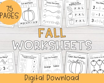 Fall Worksheet Bundle Preschool and Kindergarten | Homeschool Worksheets, Fall Worksheet Bundle, Kindergarten Worksheets, Preschool, Pumpkin