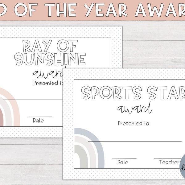 End of the Year Awards | Classroom Awards, Boho Rainbow Classroom, End of the Year Gift, Student Certificate, Student Awards, Printable