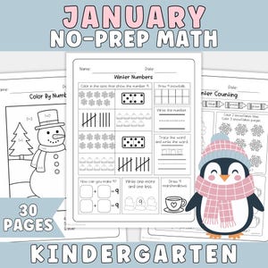 May include: A set of 30-page kindergarten maths worksheets with a winter theme. The worksheets include activities like number recognition, counting, and colour-by-number, featuring a snowman and penguin illustrations. The title reads "January No-Prep Math".