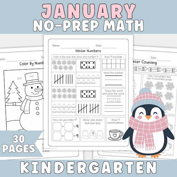 January No Prep Kindergarten Math Worksheets | Winter Math Printables for Kindergarten Morning Work or Bell Ringers, Homeschool Kindergarten