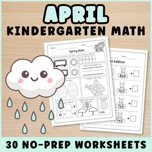 May include: A set of April kindergarten math worksheets featuring a smiling cloud with raindrops. The pages include spring-themed activities like addition problems with bunnies, clock reading, number writing, mazes, and counting exercises for students.
