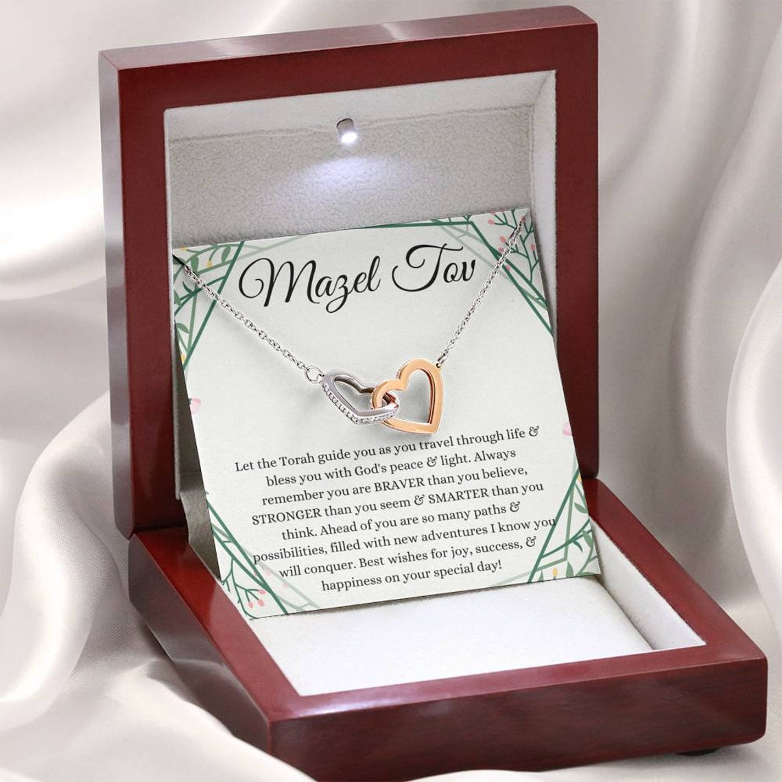 Interlocking Hearts Bat Mitzvah Gift Necklace Mazel Tov