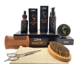 ZPM Beard Care Kit – 100% Natural Organic Products, Beard Oil, Beard Balm, Beard Wash, Beard Scissors, Beard Comb, Brush, and storage bag.