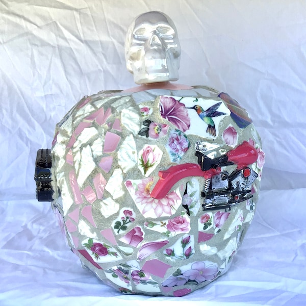 Pink Motorcycle Cremation Urn mosaic Vase , Roses, Breast Cancer Ribbon