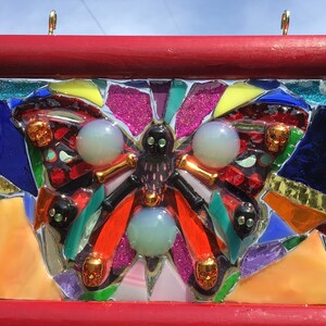 Butterfly stained glass mosaic Suncatcher with skull, glow n dark