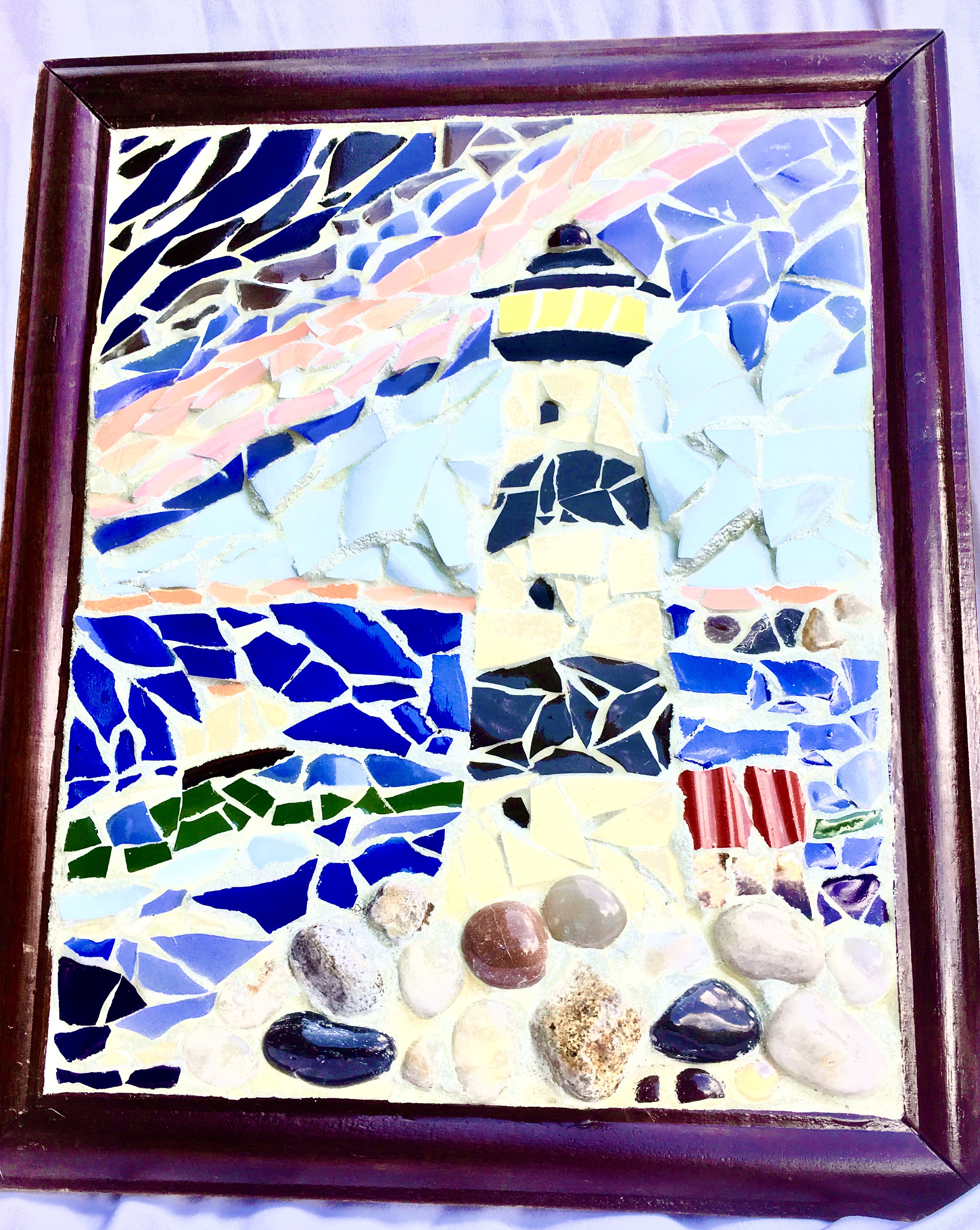 mosaic wall decor,handcrafted Beach Cottage decor Lighthouse picture Rainbow,Ocean Lighthouse Art mosaic art Rocky Coast