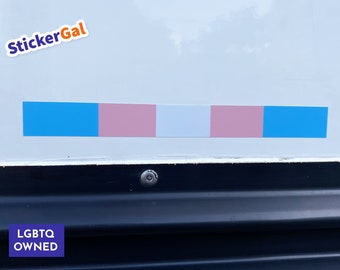 May include: A rectangular sticker featuring the transgender pride flag design with horizontal stripes in light blue, pink, white, pink, and light blue. The sticker includes the text StickerGal in the top left and LGBTQ OWNED in the bottom left.