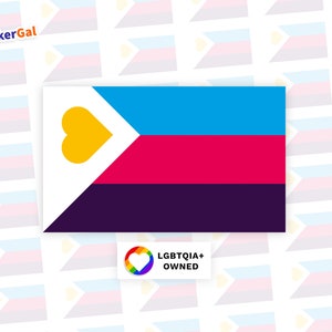 May include: A rectangular sticker featuring a horizontal tricolor flag with blue, pink, and dark purple stripes, a white triangle on the left, and a yellow heart icon. The text StickerGal appears in the top left, and LGBTQIA+ OWNED is below.