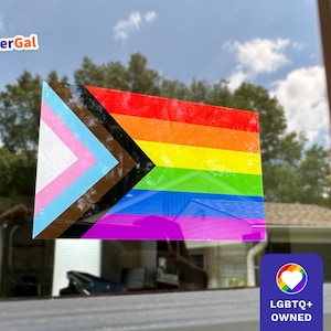 Inside Window Cling | LGBTQ+ Progress Pride Flag Sticker > No Adhesive | Reusable Sticker for Inside Windows Facing Out | LGBTQ Owned Shop