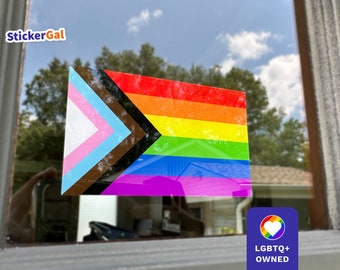 Inside Window Cling | LGBTQ+ Progress Pride Flag Sticker > No Adhesive | Reusable Sticker for Inside Windows Facing Out | LGBTQ Owned Shop