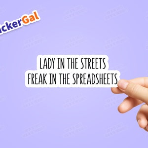 May include: White sticker with the text "Lady in the streets Freak in the spreadsheets" on a purple background.