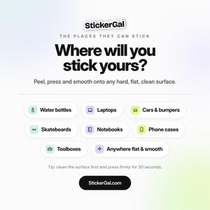 May include: A white informational graphic with the StickerGal logo and the text Where will you stick yours? It lists application surfaces including water bottles, laptops, cars, skateboards, notebooks, phone cases, and toolboxes with icons for each.