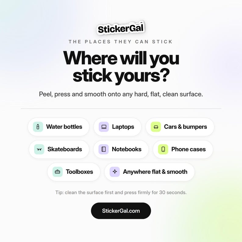 May include: A white informational graphic with the StickerGal logo and the text Where will you stick yours? It lists application surfaces including water bottles, laptops, cars, skateboards, notebooks, phone cases, and toolboxes with icons for each.