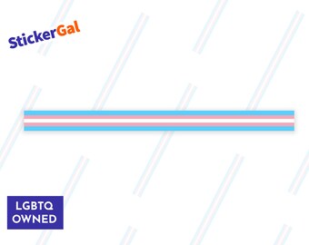 May include: A horizontal strip sticker featuring the transgender pride flag colors of light blue, pink, and white. The text StickerGal appears in the top left corner, and a purple box with the white text LGBTQ OWNED is in the bottom left corner.