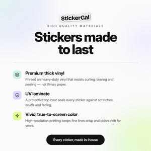 Stickers made to last info card for the funny yoga vinyl decal, premium thick vinyl and UV laminate