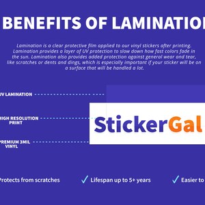 May include: An informational graphic with a deep blue background titled BENEFITS OF LAMINATION. It details three layers: 1. PREMIUM 3MIL VINYL, 2. HIGH RESOLUTION PRINT, and 3. UV LAMINATION. The StickerGal logo is displayed with three checkmarks below.