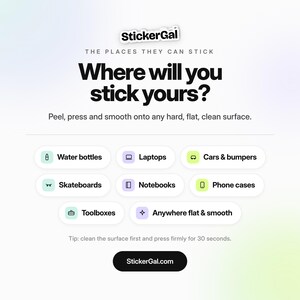 May include: A white informational graphic with the StickerGal logo and the text Where will you stick yours? It lists application surfaces including water bottles, laptops, cars, skateboards, notebooks, phone cases, and toolboxes with icons for each.