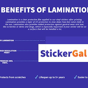May include: Benefits of laminating vinyl stickers, including UV protection, high resolution printing, and premium 3 mil vinyl. The text "StickerGal" is in a white box with an orange gradient. The benefits are listed in a blue box with white text. The background is purple.