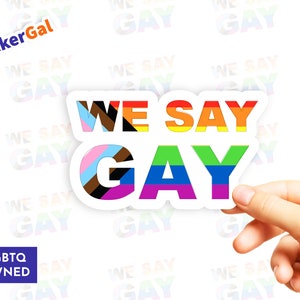 May include: A die-cut sticker featuring the text WE SAY GAY in bold, block letters. The letters are filled with various pride flag color patterns, including the progress pride flag stripes on the W and G, and rainbow gradients on the other letters.