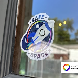 Reusable Safe Space Sticker for Inside Window Facing Out | Window Clings without Adhesive | Outer Space Welcome Sign | LGBTQ+ Woman Owned