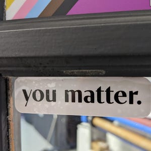 May include: A rectangular white sticker with rounded corners featuring the black text you matter. in a serif font. The sticker is applied to a dark frame positioned below a portion of a pride flag with pink, white, blue, brown, and black stripes.