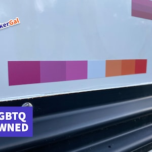 May include: A white rectangular sticker featuring a horizontal stripe pattern with seven distinct color blocks in shades of dark pink, magenta, light pink, white, orange, and red. The text StickerGal appears in the top left corner.