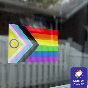 2021 Progress Pride Flag - Inclusive Window Cling &gt; No Adhesive | Reusable Sticker for Inside Windows Facing Out | Queer Owned
