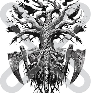 May include: Monochrome illustration of a tree with crows, axes, and decorative elements. The tree's branches are filled with birds, and two axes are positioned on either side. The design has a gothic or Viking theme.
