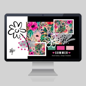 May include: A computer screen displaying a summer-themed brand styling and design template. The template features a floral pattern, a colour palette, and the word "SUMMER" in pink letters.