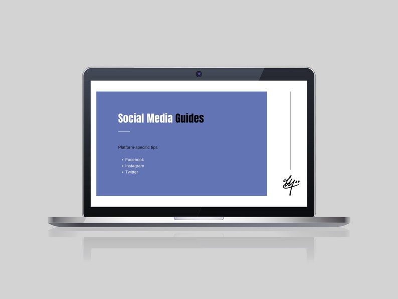 Op de afbeelding: Een laptopscherm met een presentatie met de titel "Social Media Guides" met een blauwe achtergrond en de tekst "Platformspecifieke tips", gevolgd door een opsomming met "Facebook", "Instagram" en "Twitter".