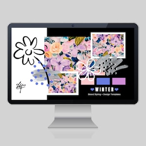 May include: A computer screen displaying a digital mood board with a floral theme. The mood board features a variety of floral patterns, a hand-drawn flower, and a colour palette of pink, purple, and blue. The text "WINTER" is displayed at the bottom of the screen.