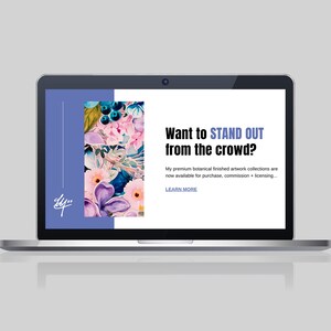 Op de afbeelding: Laptop-scherm met een website met een bloemmotief en de tekst "Wil je opvallen in de menigte?" Mijn premium botanische kunstwerken zijn nu beschikbaar voor aankoop, in opdracht en licentie... MEER WETEN