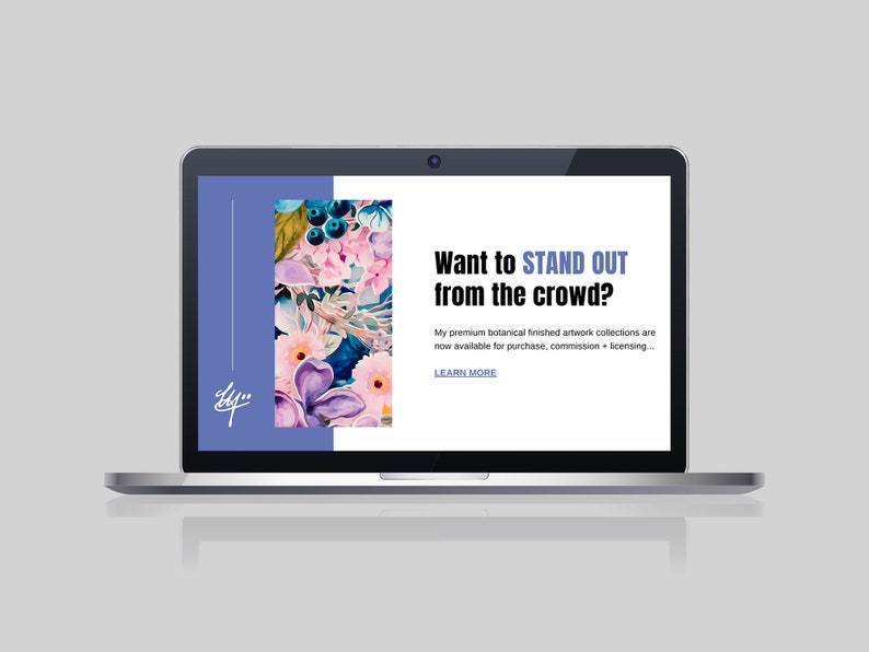 Op de afbeelding: Laptop-scherm met een website met een bloemmotief en de tekst "Wil je opvallen in de menigte?" Mijn premium botanische kunstwerken zijn nu beschikbaar voor aankoop, in opdracht en licentie... MEER WETEN