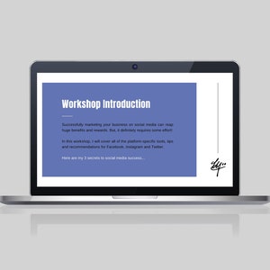 Op de afbeelding: Een laptopscherm met een workshop-introductieslide met de tekst "Workshop Introduction" en een beschrijving van de inhoud van de workshop. De tekst luidt: "Succesvol marketing van uw bedrijf op sociale media kan enorme voordelen en beloningen opleveren. Maar het vereist zeker enige inspanning! In deze workshop behandel ik alle platformspecifieke tools, tips en aanbevelingen voor Facebook, Instagram en Twitter. Hier zijn mijn 3 geheimen voor succes op sociale media..."
