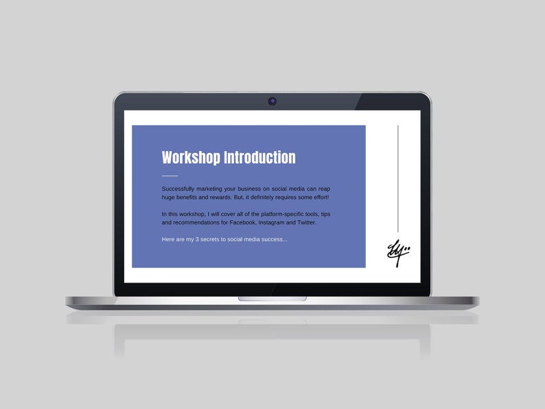 Op de afbeelding: Een laptopscherm met een workshop-introductieslide met de tekst "Workshop Introduction" en een beschrijving van de inhoud van de workshop. De tekst luidt: "Succesvol marketing van uw bedrijf op sociale media kan enorme voordelen en beloningen opleveren. Maar het vereist zeker enige inspanning! In deze workshop behandel ik alle platformspecifieke tools, tips en aanbevelingen voor Facebook, Instagram en Twitter. Hier zijn mijn 3 geheimen voor succes op sociale media..."