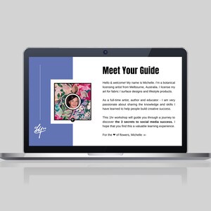 Op de afbeelding: Een laptopscherm dat een presentatieslide weergeeft met een blauwe achtergrond en de tekst "Meet Your Guide". De dia bevat een portret van een vrouw met een bloemige achtergrond en tekst over de presentatrice, Michelle, een botanische licentie-kunstenaar.