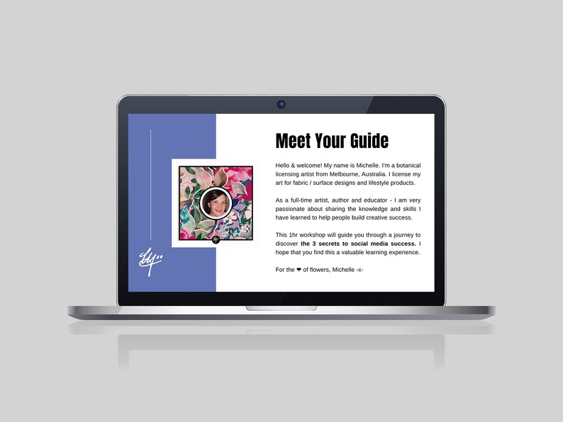 Op de afbeelding: Een laptopscherm dat een presentatieslide weergeeft met een blauwe achtergrond en de tekst "Meet Your Guide". De dia bevat een portret van een vrouw met een bloemige achtergrond en tekst over de presentatrice, Michelle, een botanische licentie-kunstenaar.
